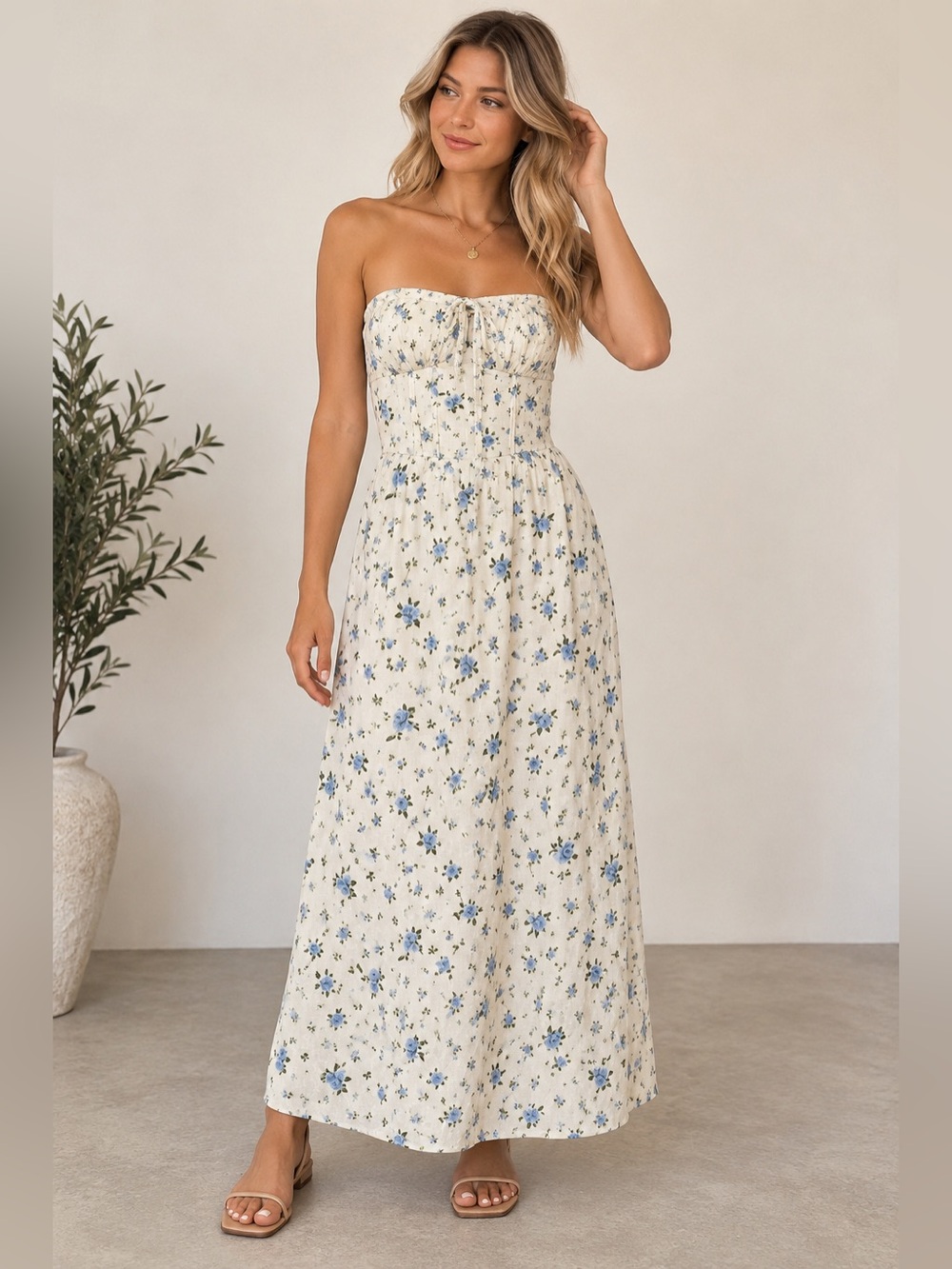 Wild Fable Blue Floral Linen Blend Corset Maxi Dress Size 8 Cottage Romantic